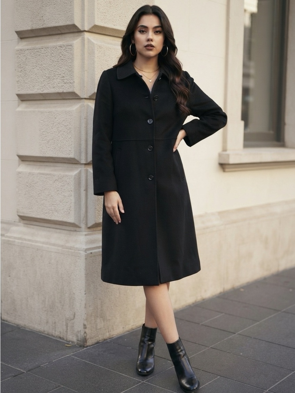 Vintage Loring Forstmann Black Wool Capelet Dress Coat - Made in USA